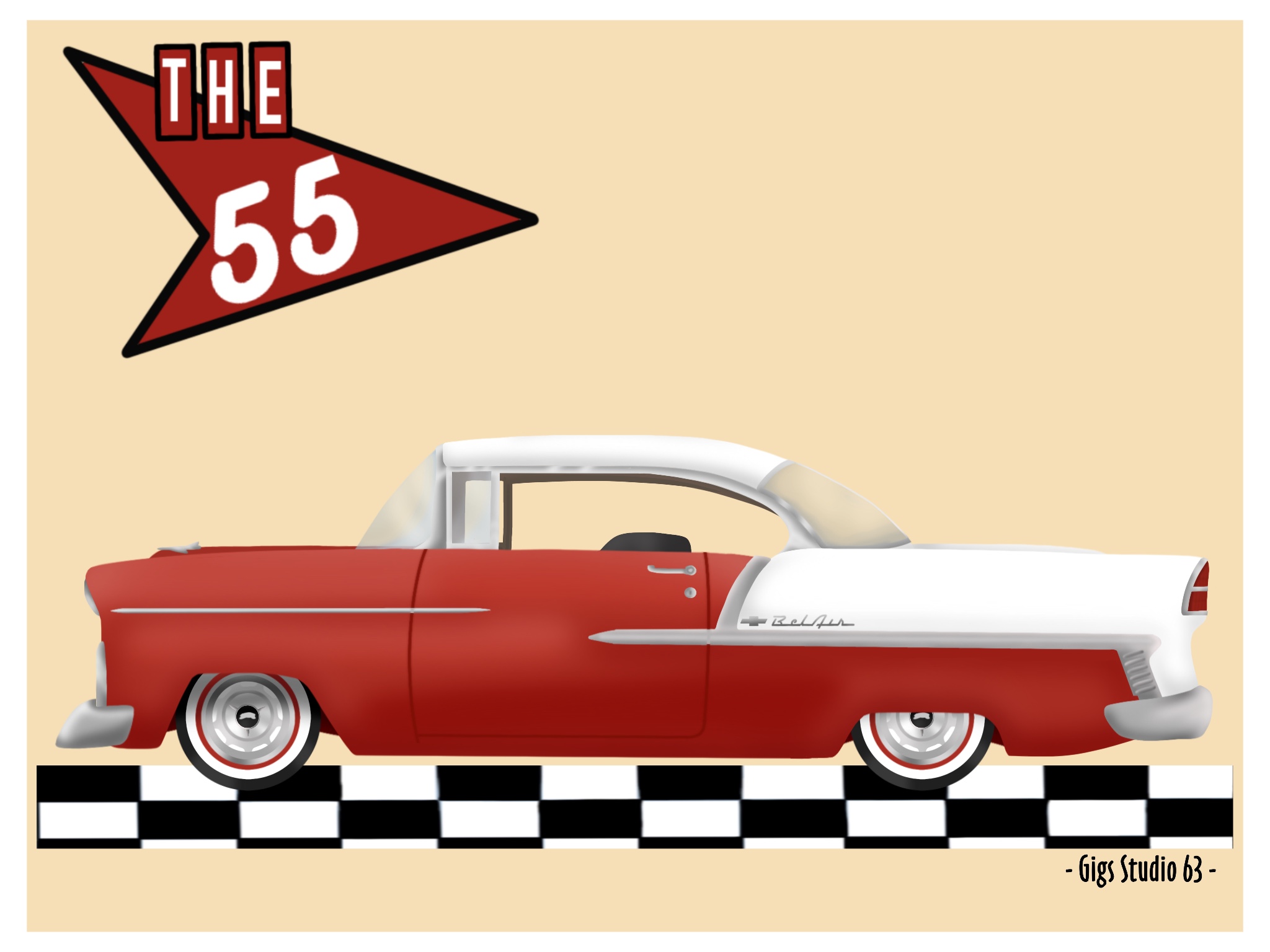 Digital Drawing of a 1955 Chevy, in Gyspy Red and India Ivory